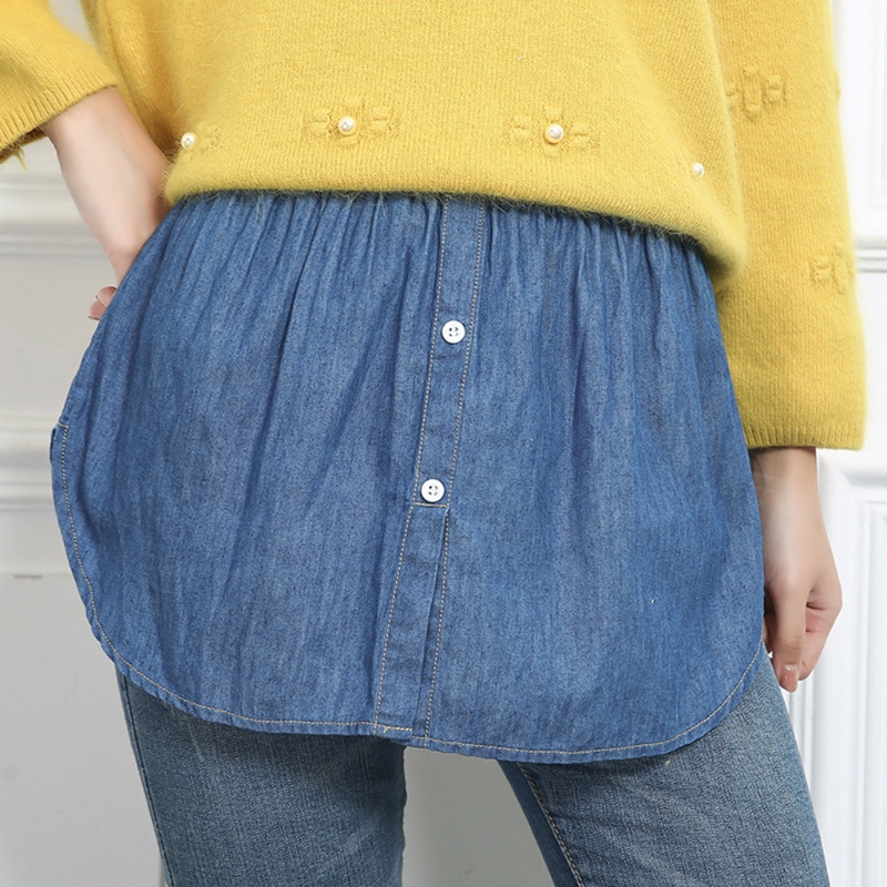 Oneri Áo Sơ Mi Denim Dài Nửa Thân Giả Váy Mini Xẻ Tà Viền Xanh Dương Cho Nữ