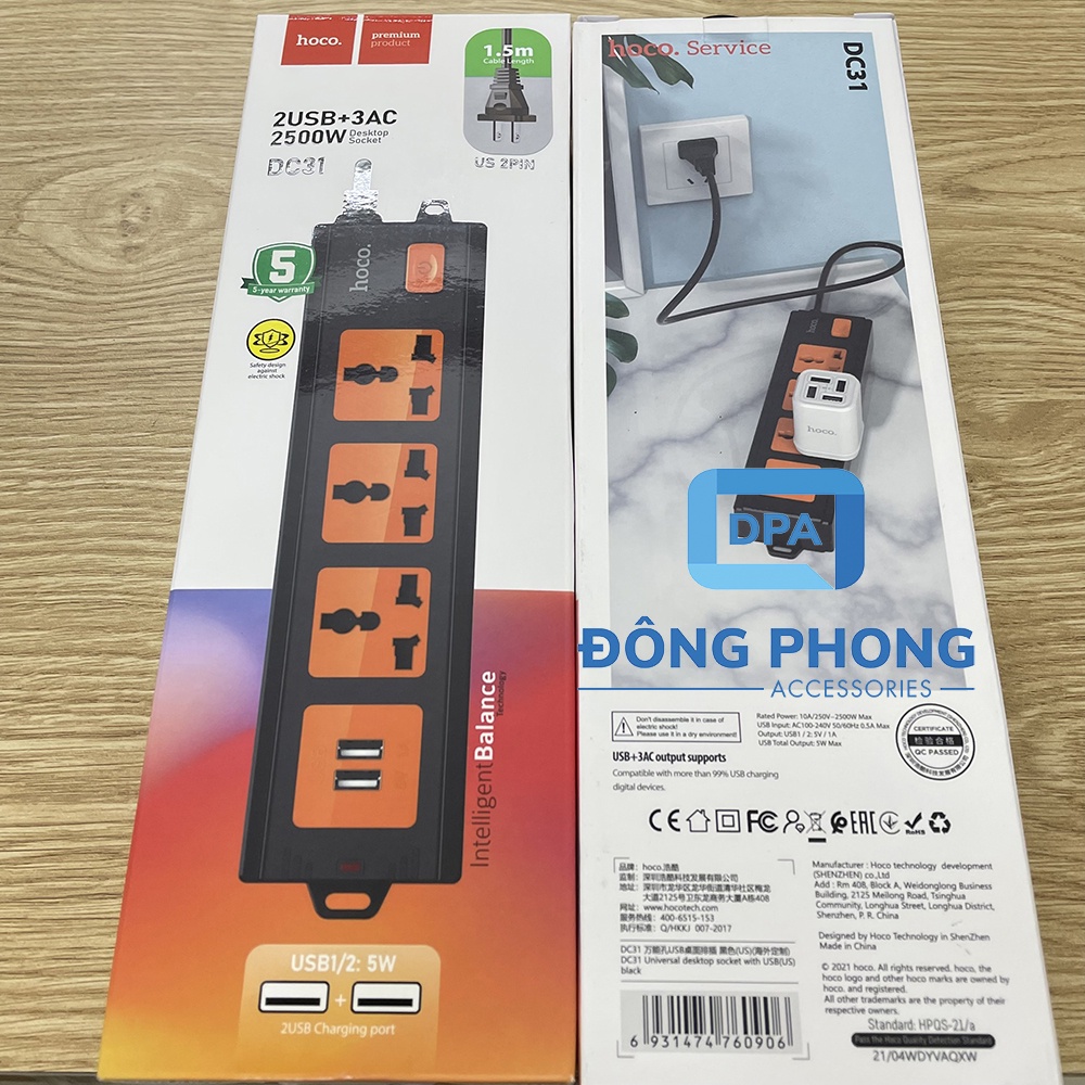 Ổ Cắm Điện Đa Năng Có Cổng USB Hoco DC31 2500W Chính Hãng