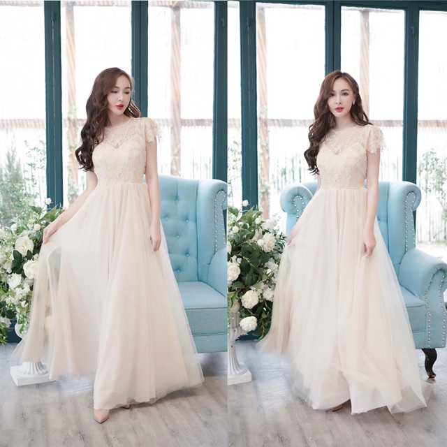 Đầm maxi ren phối lưới che khuyết điểm tay to