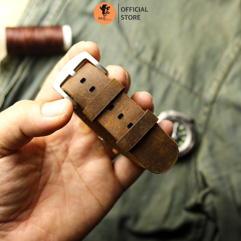 DÂY ĐỒNG HỒ DA BÒ THẬT RAM NATO SÁP NGỰA NÂU ĐẤT-CHÍNH HÃNG RAM LEATHER
