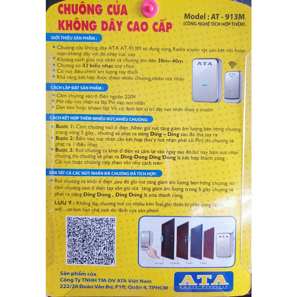 Chuông cửa không dây cao cấp ATA 913M (Hàng Chính Hãng)