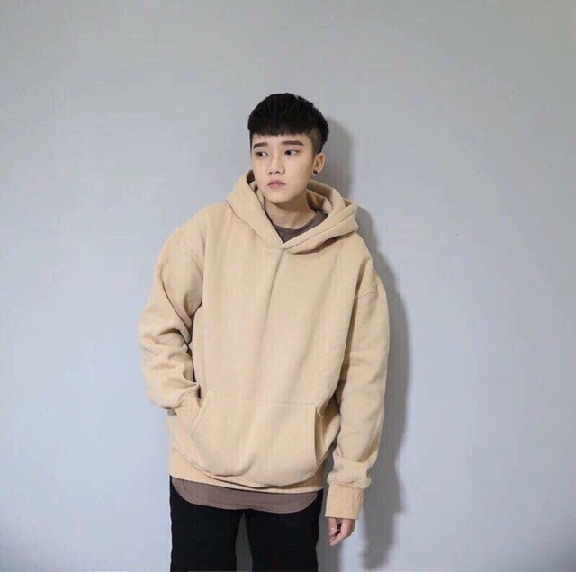 Áo hoodie trơn màu be nón 2 lớp