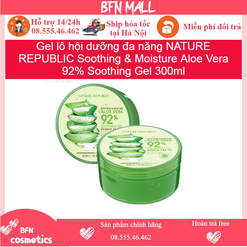 Gel lô hội dưỡng đa năng NATURE REPUBLIC Soothing &amp; Moisture Aloe Vera 92% Soothing Gel 300ml