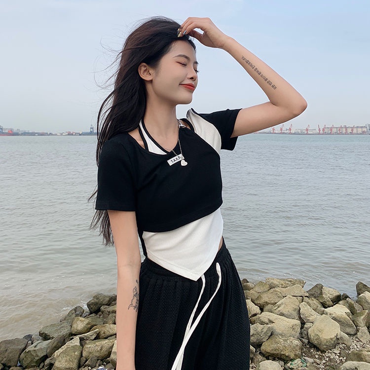 COZOK Áo Thun Tay Ngắn Dáng Ôm Phối Màu Tương Phản Trẻ Trung Phong Cách Hàn Quốc Hợp Thời Trang