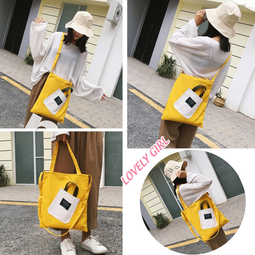 Túi Vải Tote Đeo Chéo Đính Túi Nhỏ Trước Cute M548