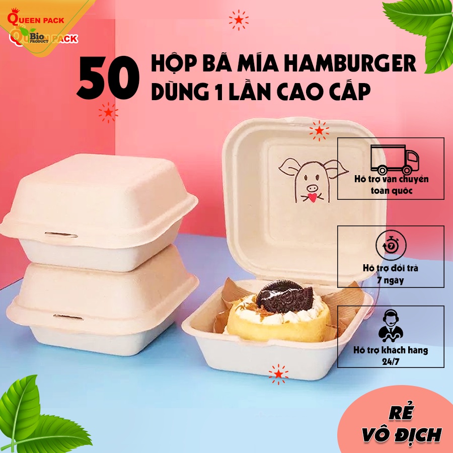 Sỉ 50 Hộp Bã Mía Hamburger (Màu Be) Đựng Bánh Kem, Bánh Bento, Bánh Gato Hàng Dày Dặn Giá Xưởng.