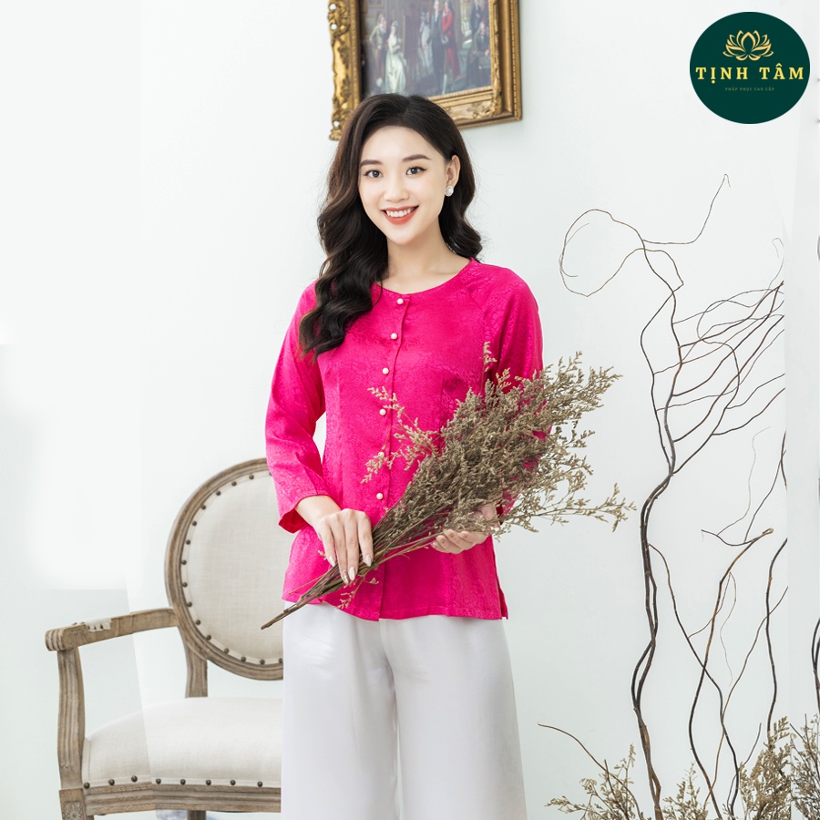 Bộ Bà Hồng Đậm Quần Trắng Hoặc Quần Đen Vải Lụa Gấm Cực Đẹp,Mềm Mịn, Mặc Cực Thoải Mái Duyên Dáng, Kín Đáo