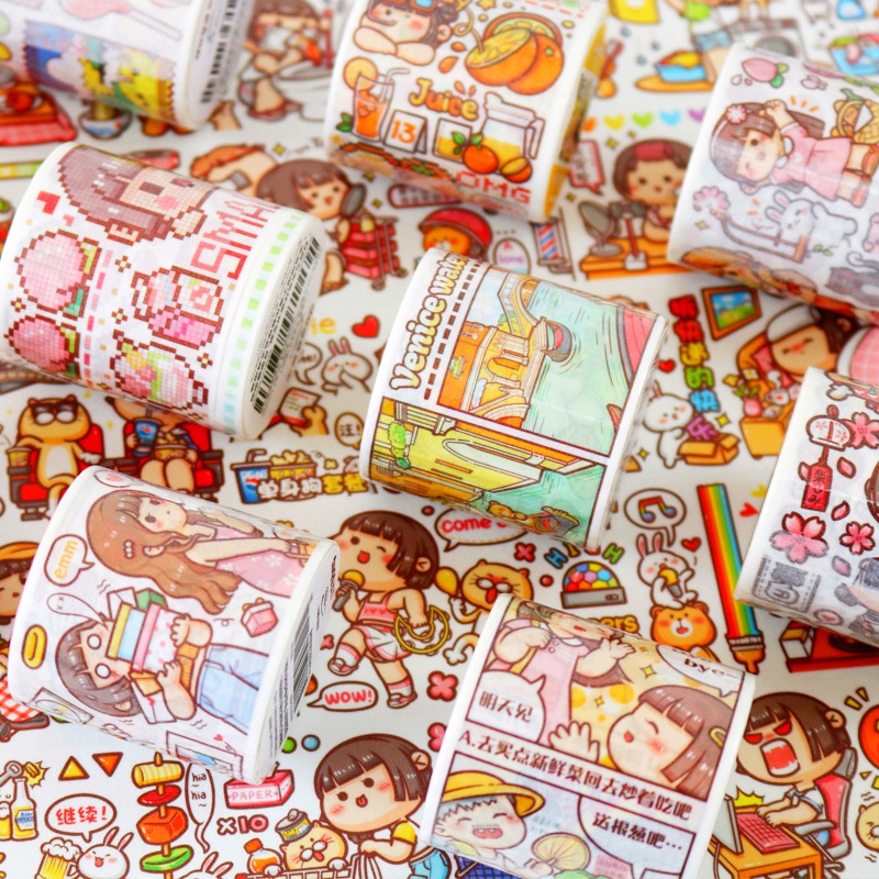 Mochi nhỏ Cuộn nhãn dán họa tiết hoạt hình dễ thương dùng để trang trí diyToàn bộ băng keo