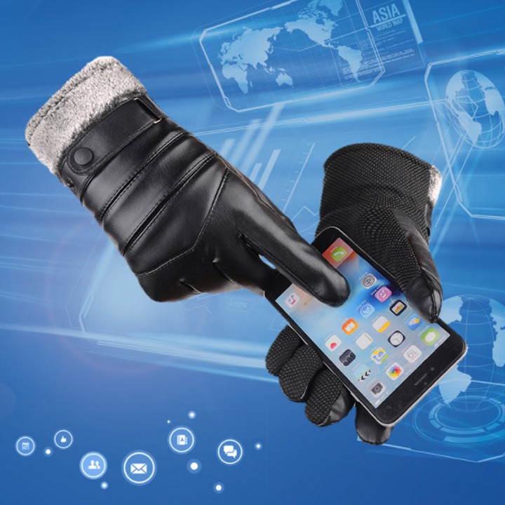 Găng tay da nam phượt lót nỉ sử dụng được cảm ứng điện thoại Bao tay nam dáng basic chất da PU chống thấm nước