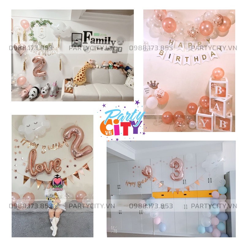 【PartyCityvn】Set Trang Trí Sinh Nhật Hàn Quốc Bóng Bay Màu Rose Gold Đẹp Sang Cho Bé Trai, Bé Gái Và Người Lớn