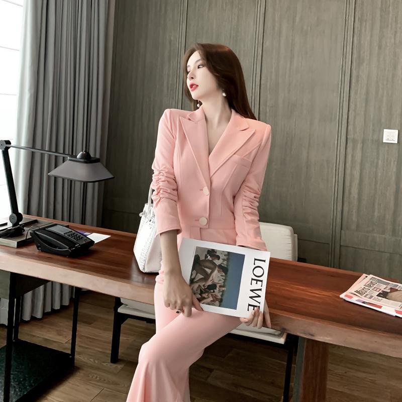 Phụ nữ áo liền quần màu hồng 2021 mới eo cao giảm béo thời trang công cụ ống loe khí chất chuyên nghiệp