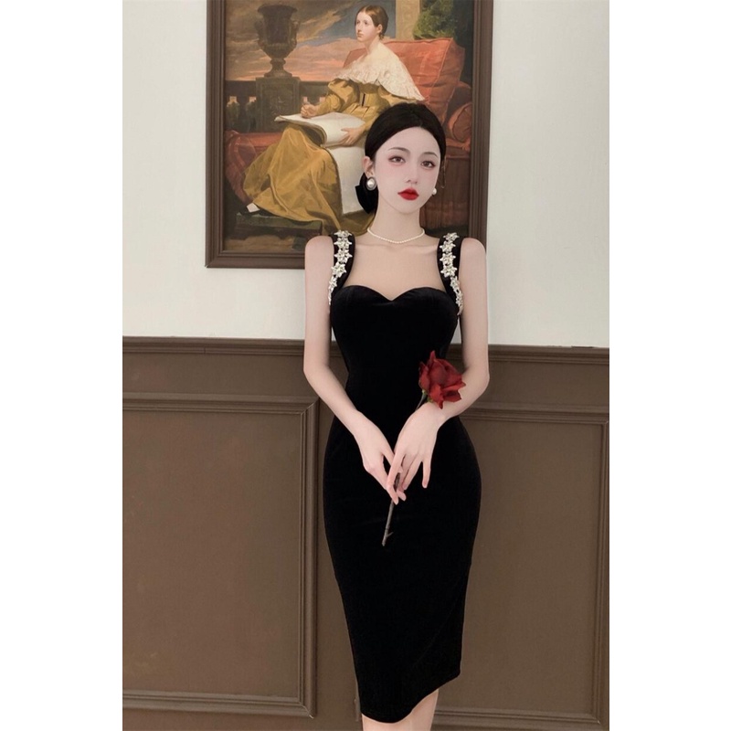 Đầm Hai Dây Màu Đen Phong Cách Pháp Cổ Điển Thời Trang Mùa Hè Cho Nữ 2022