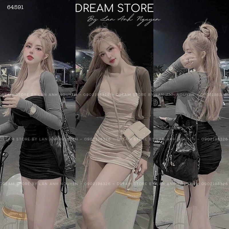 SET ĐẦM CÚP XOẮN NGỰC DÂY RÚT HÔNG KÈM ÁO KHOÁC