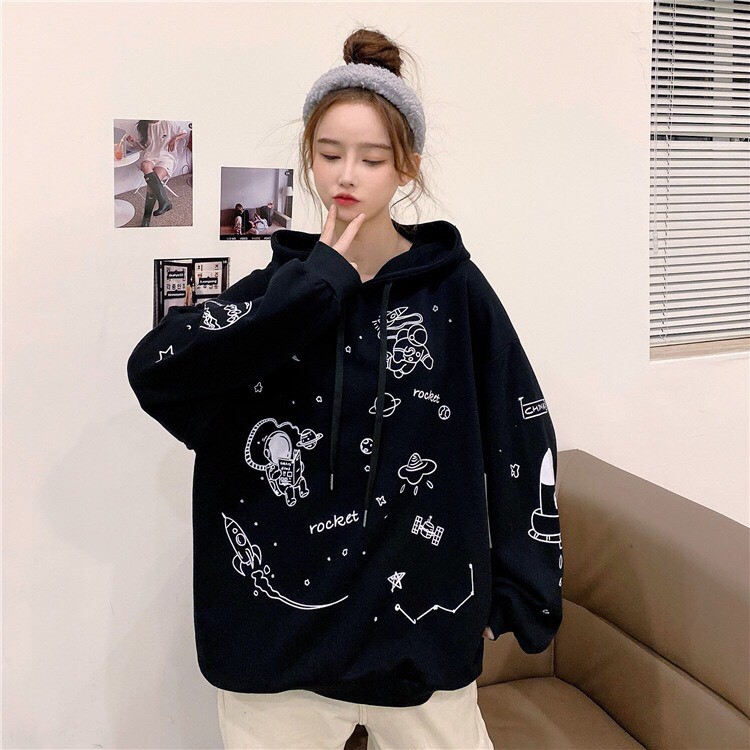 Áo nỉ unisex nữ họa tiết ngoài hành tinh dáng rộng thời trang hàn quốc/ Áo hoodie chui đầu có mũ dáng thụng ulzzang