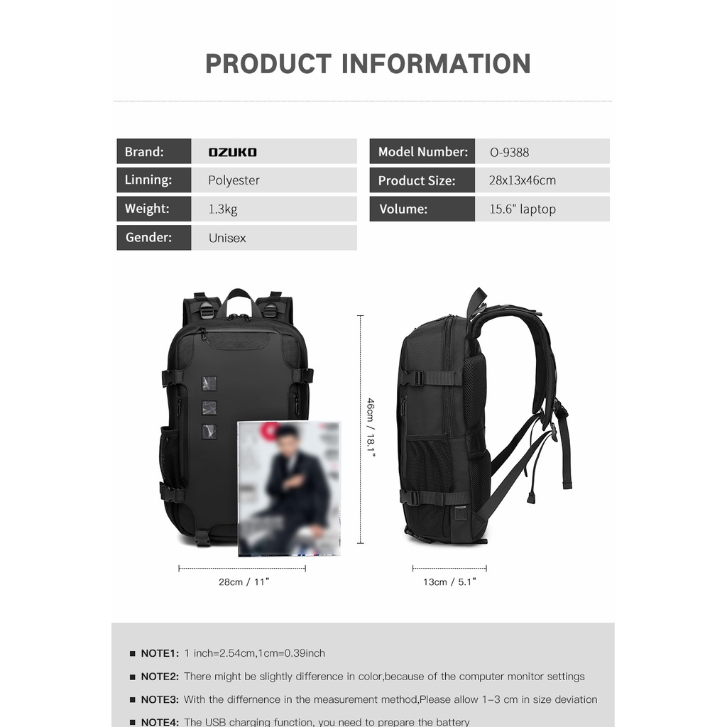 OZUKO Men's Backpack Large Capacity 15.6&quot; Laptop Bag Multifunctional Teenager Schoolbag Male Waterproof Travel Bag with USB Charge