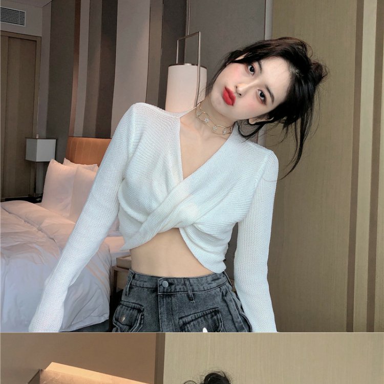 QKOOLE Áo dệt kim  tay dài cổ chữ V phong cách cổ điển Hàn Quốc cho nữ