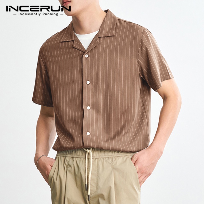 Áo sơ mi INCERUN ngắn tay họa tiết kẻ sọc thời trang mùa hè cho nam