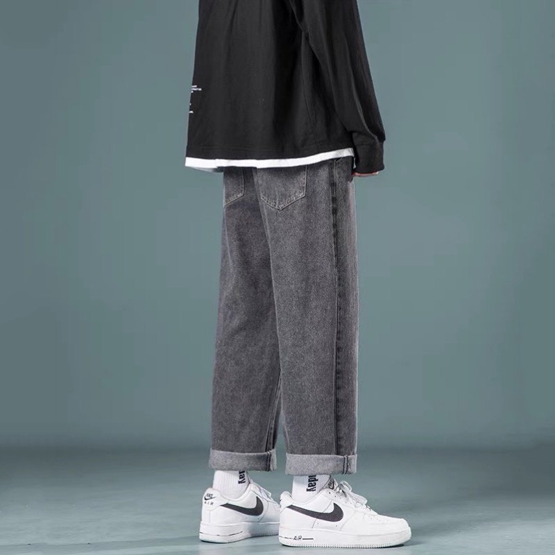 Quần Bò Baggy Nam Xám Trơn Dáng Đứng Ống Suông Rộng Chất Vải Jeans Co Giãn Nhẹ Kiểu Dáng Cạp Cao Phong Cách Trẻ Trung