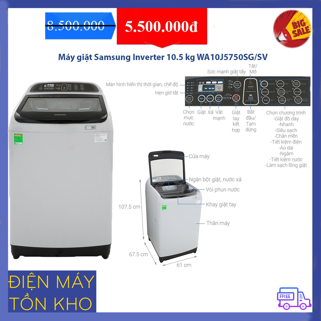 Máy giặt Samsung Inverter 10.5 kg WA10J5750SG/SV