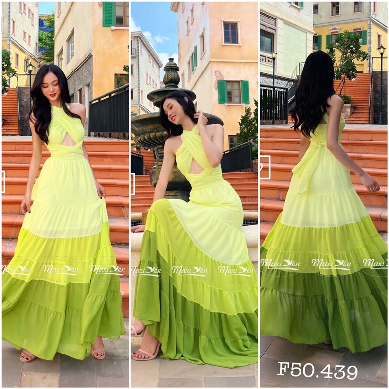Đầm maxi phối màu xanh lá cổ yếm dây chéo nối tầng váy xoè đi biển dự tiệc chụp ảnh đẹp F48.439 Maxi Yến