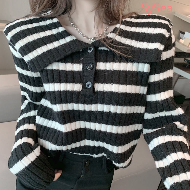 Áo sweater dệt kim tay dài kẻ sọc thời trang mùa xuân cho nữ