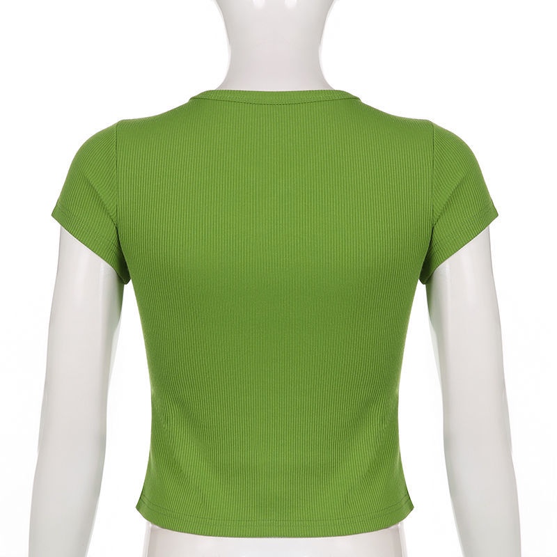 IAMHOTTY new green butterfly printing button V-neck top female street snap hot girl youth sweet and spicy personality T-shirt gX1r