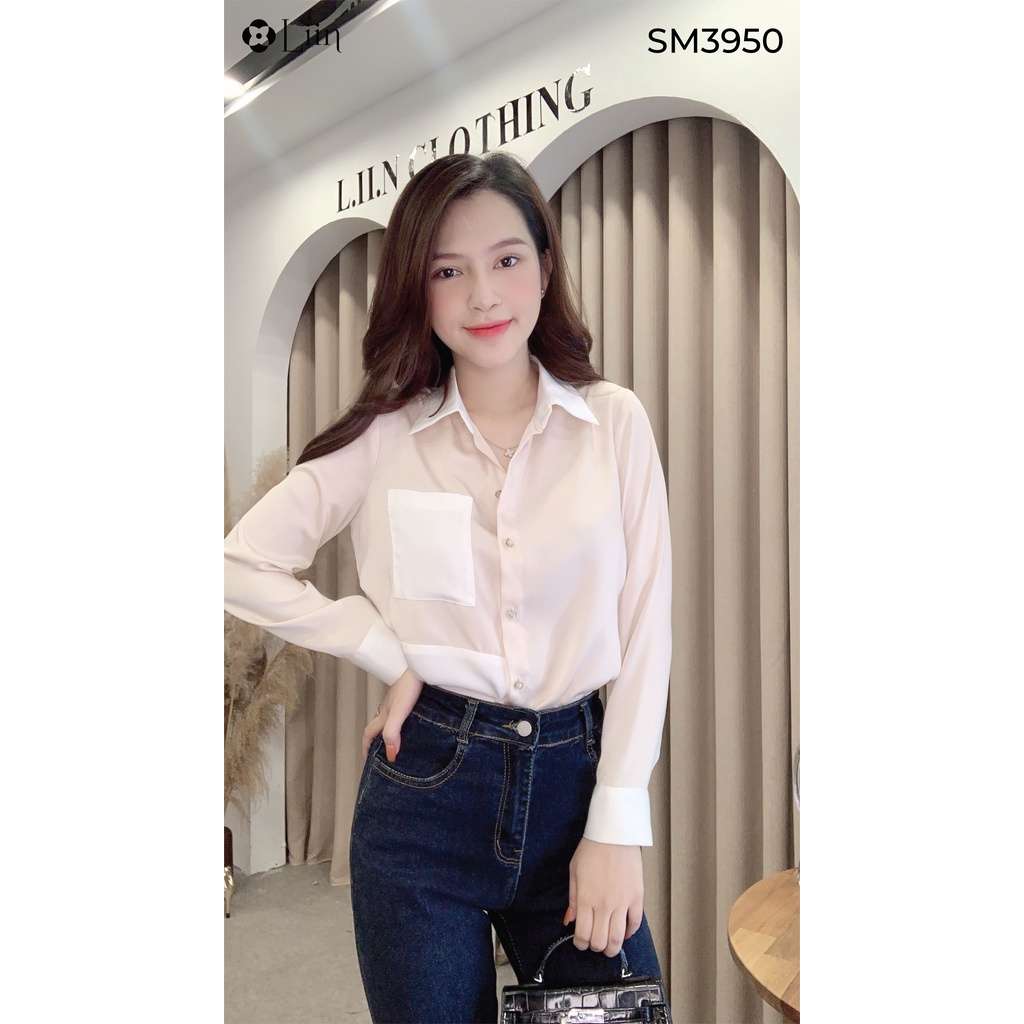 Áo sơ mi màu be phối trắng form công sở dài tay thiết kế trẻ trung Liin Clothing SM3950