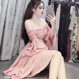 BB86 Đầm voan công chúa chun ngực trễ vai