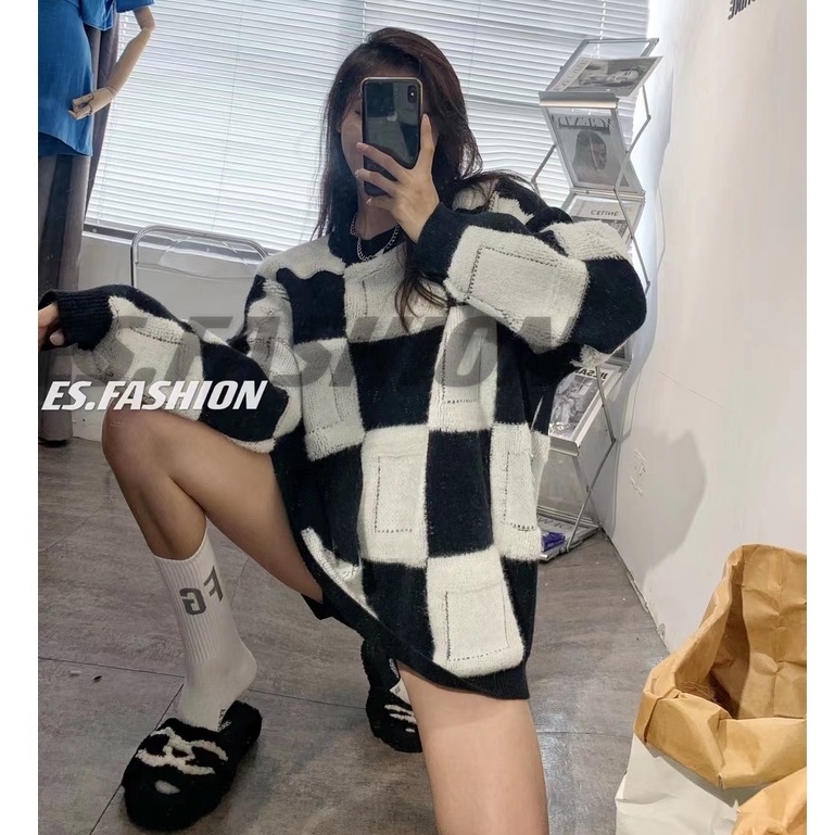 Cocory vn Áo len tay dài phối sọc caro thời trang Hàn Quốc năng động dành cho nữ | BigBuy360 - bigbuy360.vn