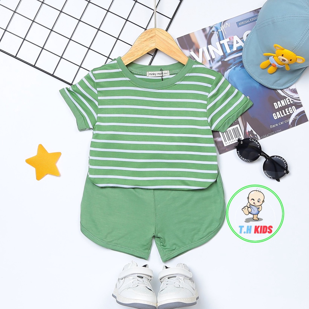 [Bé 7-27kg] Bộ tay ngắn quần đùi thun lạnh sọc dệt MINKY MOM cho bé trai bé gái từ 7-27kg