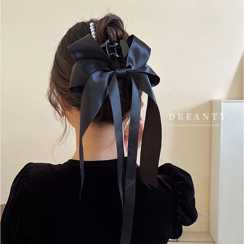 Kẹp Tóc Nơ Ruy Băng Đính Ngọc Trai Thiết Kế Đơn Giản Độc Đáo Phong Cách Hàn Quốc