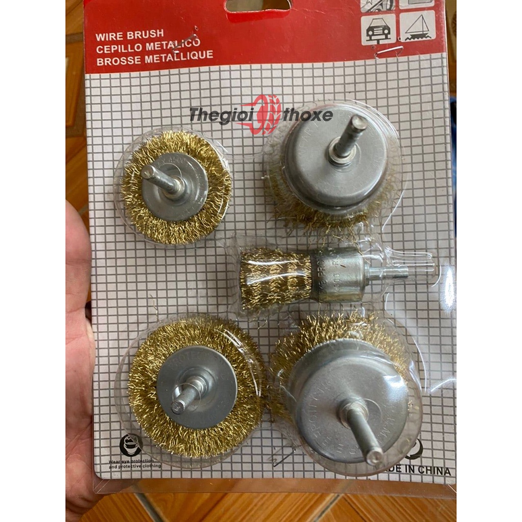 Chén cước đánh rỉ lắp máy khoan 5 món | Bộ chổi đánh rỉ mini chuyên dùng với các máy mài khuôn, mài khắc cầm tay