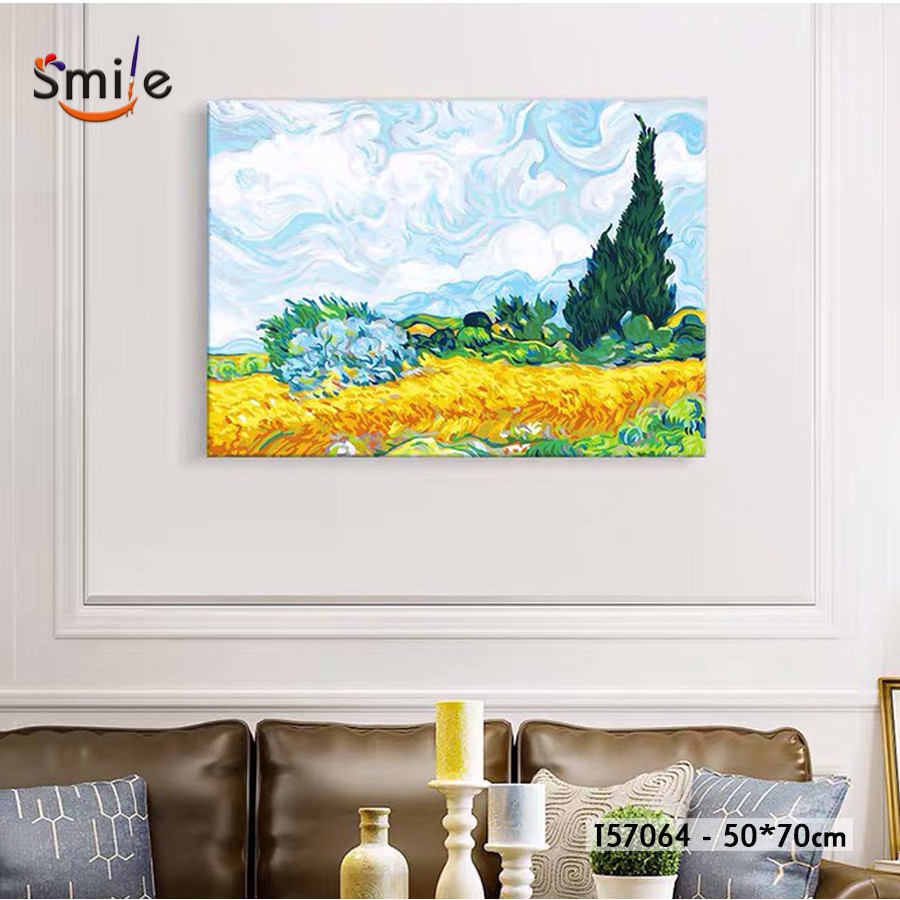 Tranh sơn dầu số hóa tự tô màu theo số cao cấp Smile FMFP Đồng lúa mì và cây bách Van Gogh T57064