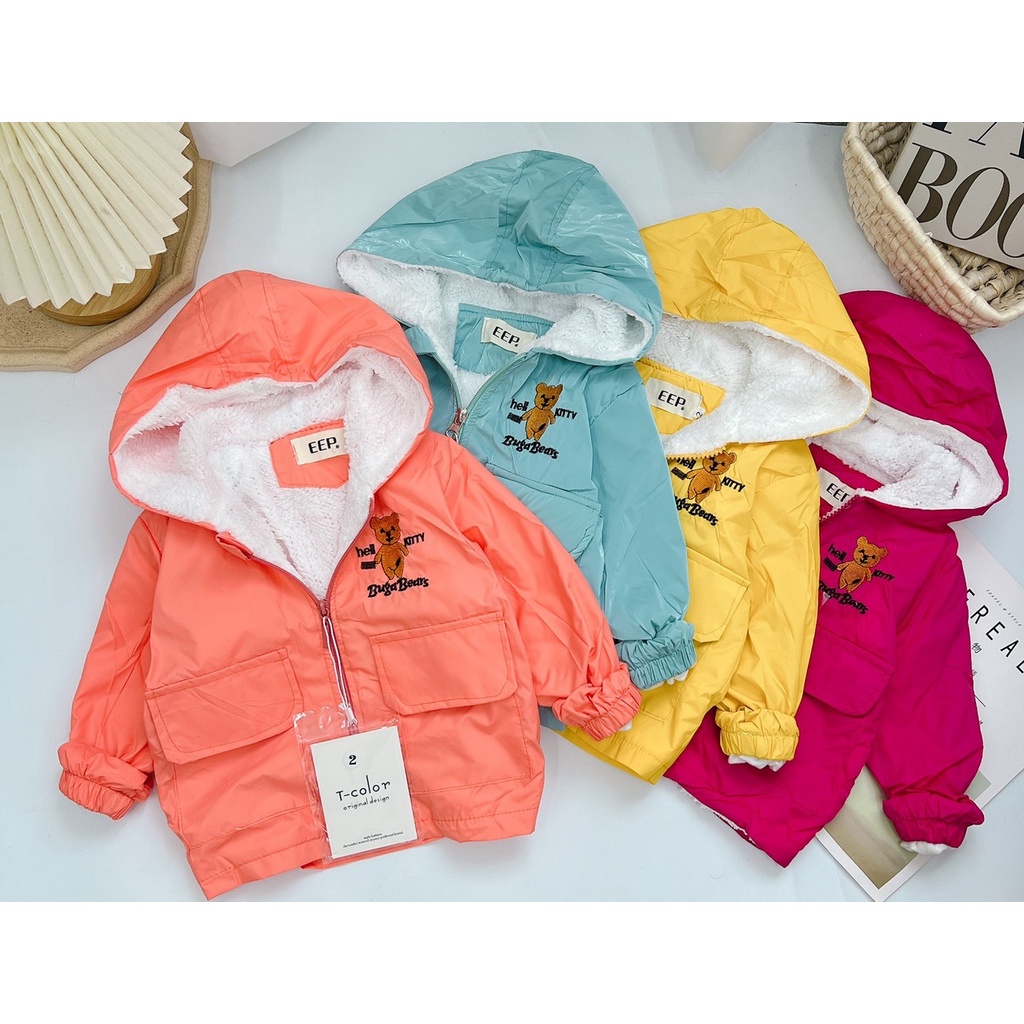 Áo khoác mùa đông, áo khoác lót lông thêu gấu BUGA BEAR túi thật cho bé trai, bé gái