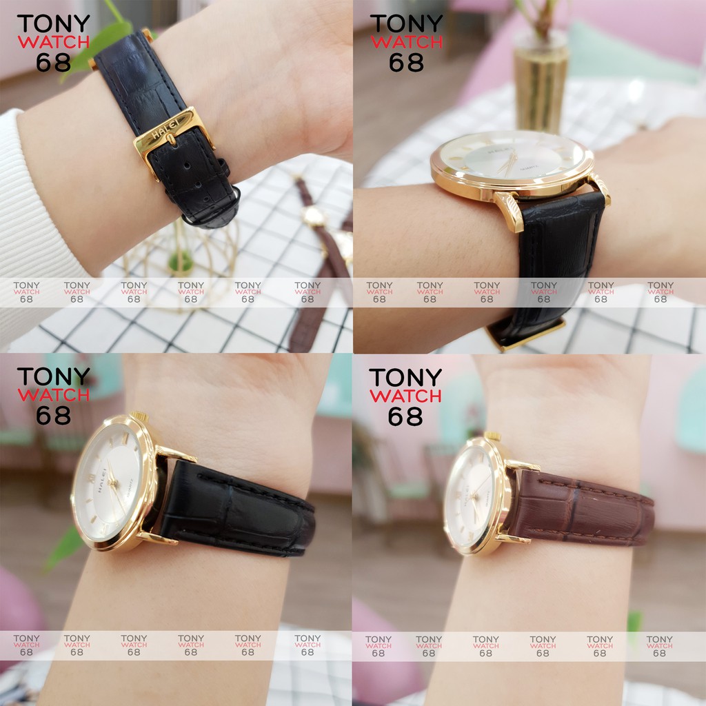 Đồng hồ nữ Halei dây da mặt vân đồng tâm viền mạ vàng chống nước chính hãng Tony Watch 68