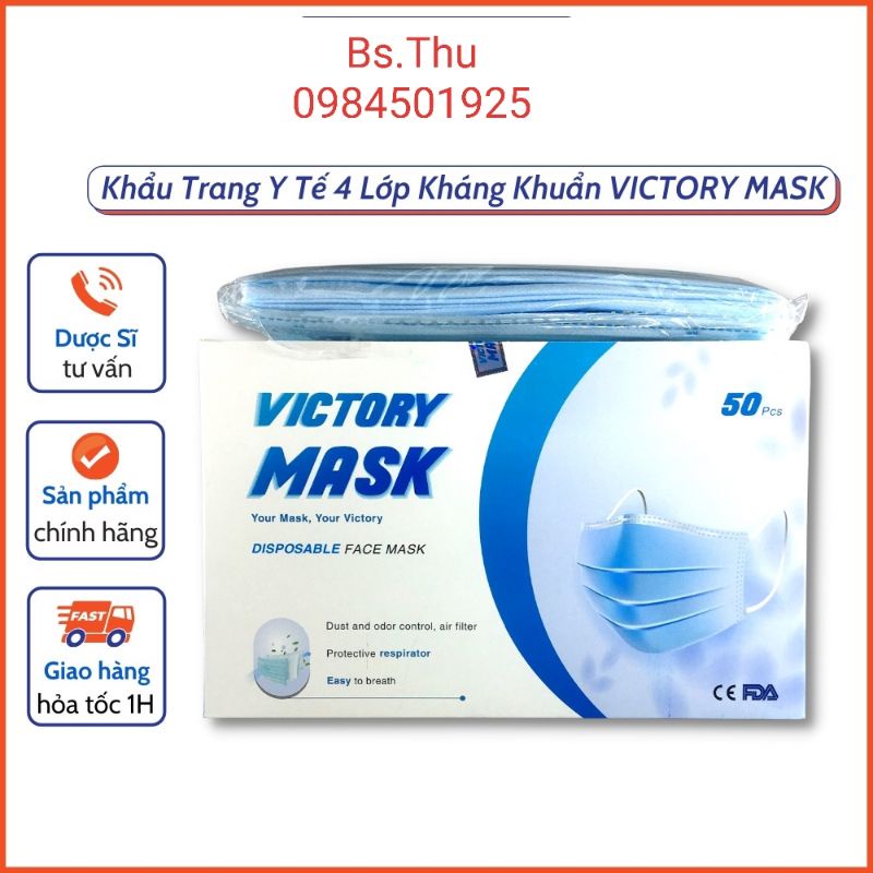 KHẨU TRANG Y TẾ 4 lớp kháng khuẩn VICTORY MASK QUAI TO SIÊU MỀM hộp 50 chiếc ko gây bí, ko gây đau tai