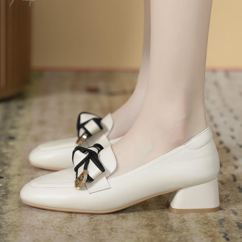 BQ Giày Lười Da Đế Dày 3Cm Đính Nơ Phong Cách Anh Quốc Thời Trang Cho Nữ