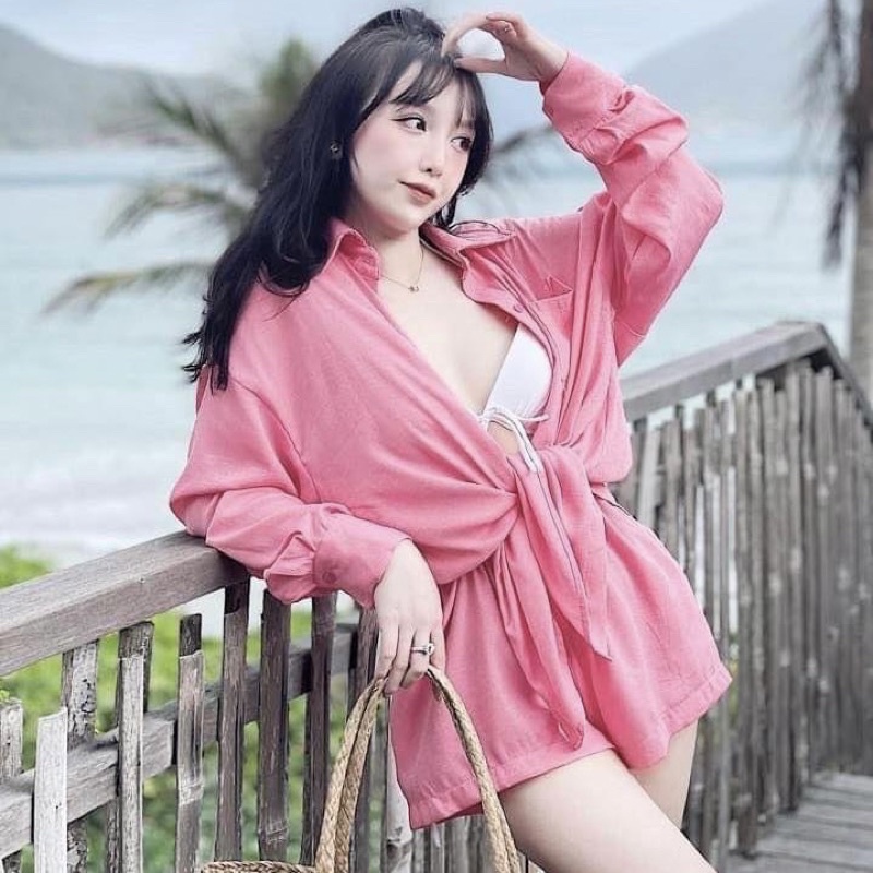 Set bộ đũi áo sơ mi mix quần sooc đùi dáng rộng thụng