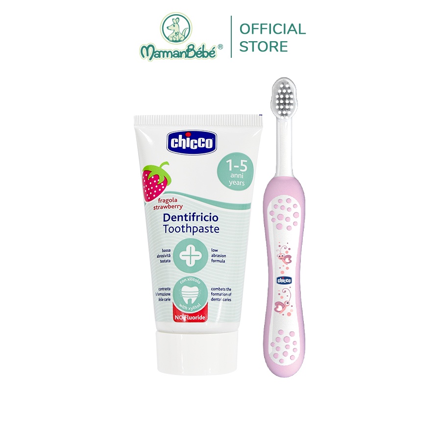 Combo Kem đánh răng hương Dâu 50ml Chicco 12M+ &amp; Bàn chải đánh răng Chicco