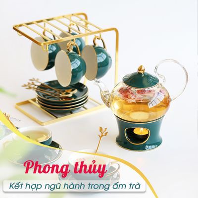 Bộ ấm trà sang trọng, tinh tế cốc sứ xanh viền vàng, bộ ấm trà hoàng gia - Tặng kèm khay sứ - Bảo hành 2 năm