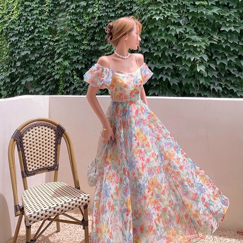 Đầm maxi hoa trễ vai đan lưng chéo cá tính váy nữ xinh đẹp quyến rũ đi tiệc,dạo phố sang trọng