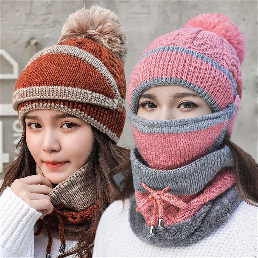 Set 3 Mũ beanie Trùm Đầu Kiêm Khăn Choàng Cổ Giữ Ấm Chống Lạnh Cho Nữ