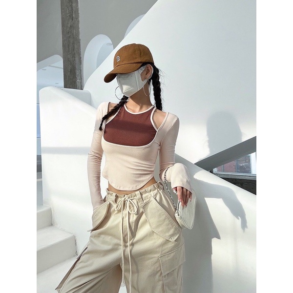 Áo Kiểu Nữ Dài Tay Vạt Bầu Áo Thun Nữ Hàn Quốc Phối Màu Hở Vai Ôm Body Sexy - 25 Store