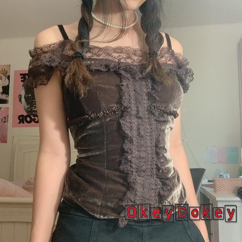 Áo croptop trễ vai phối ren màu nâu phong cách cổ điển quyến rũ cho nữ Y2K
