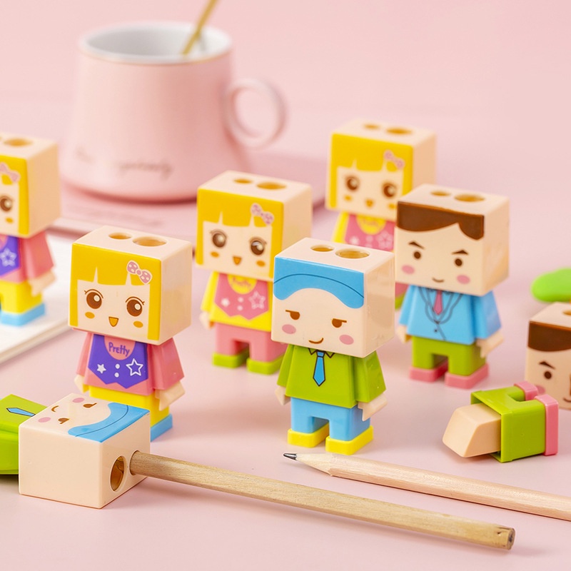 1 Dụng Cụ Chuốt Bút Chì Hai Lỗ Hình Robot Hoạt Hình Màu Sắc Ngẫu Nhiên Có Thể Tháo Rời Kèm Gôm Tẩy