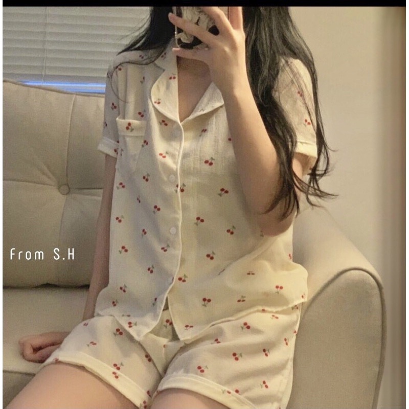 Bộ đồ ngủ nữ cộc tay kèm chun tóc chất đũi xốp mát, Bộ pijama nữ mặc nhà bo viền nhiều màu đẹp Maitrangshop92 (TTA96)