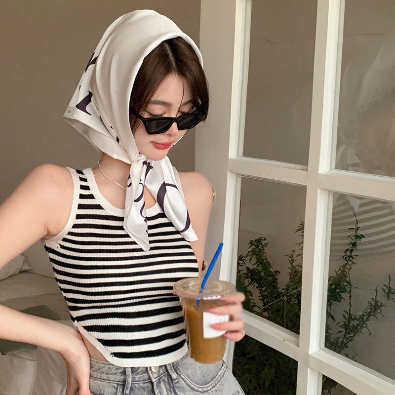 Áo Hai Dây Dệt Kim Dáng Ôm Họa Tiết Kẻ Sọc Thời Trang Quyến Rũ Cho Nữ