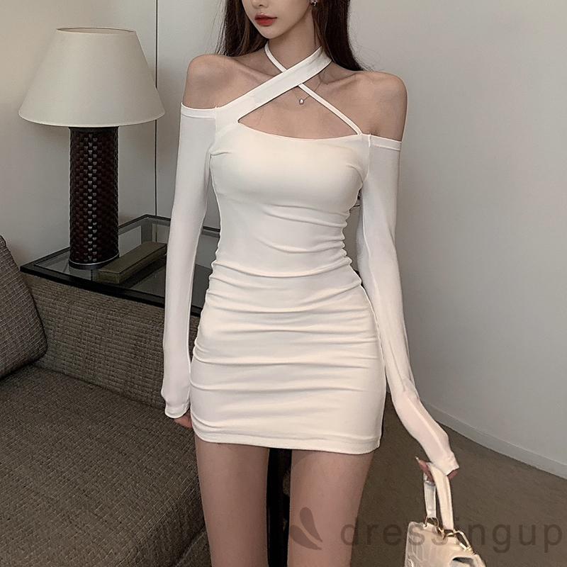 Đầm ngắn tay dài cổ thuyền màu trơn thời trang quyến rũ cho nữ