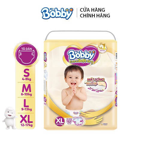 Tã dán cao cấp Bobby Extra Soft Dry mặt bông siêu thấm hút đủ size S74/M64/L58/XL52