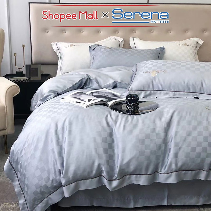 Ga giường Đẹp 5 Món Lụa Thêu SERENA Cao Cấp Bộ Combo Trần Bông Chăn Ra Grap Drap Gối Nệm Trải Phủ Giường Chính Hãng